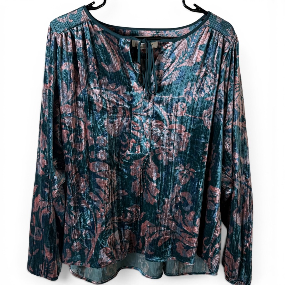 Anthropologie Velvet Peasant Top Teal Pink Floral Women M Oversized Boho Green